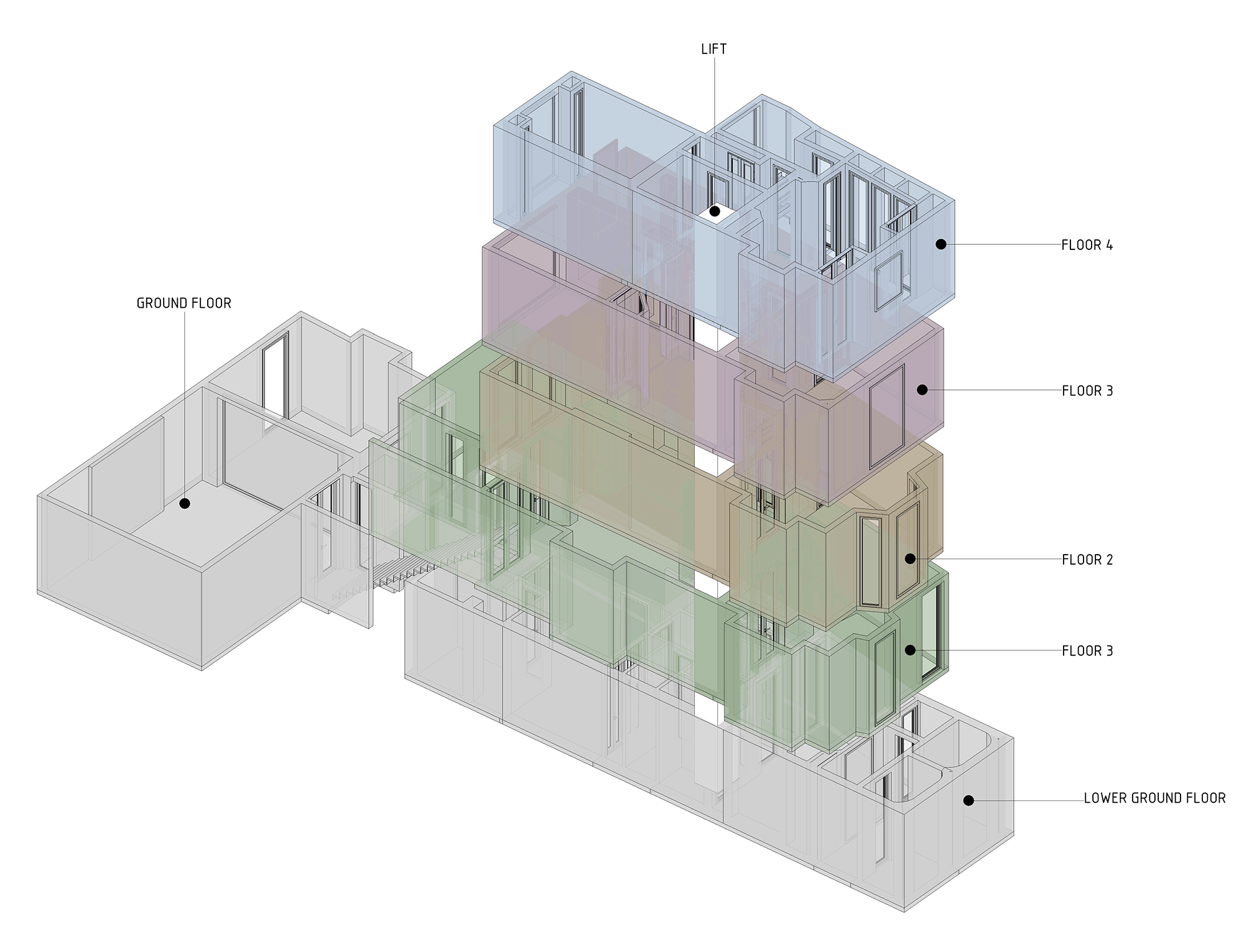 Axonometric showing proposed lift core across all floors